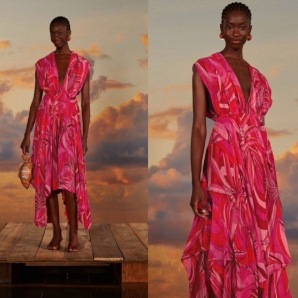 NWT | FARM Rio Red Endless Summer Tropical Plunging V Neck Midi Dress XS